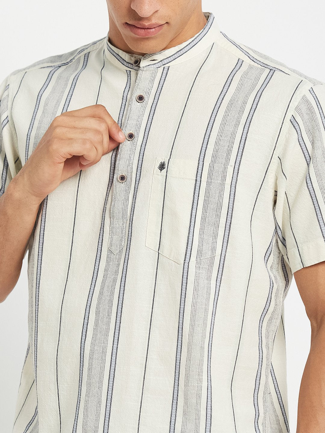 METTLE SS25 Striped Cotton Mandarin Collar Casual Shirt