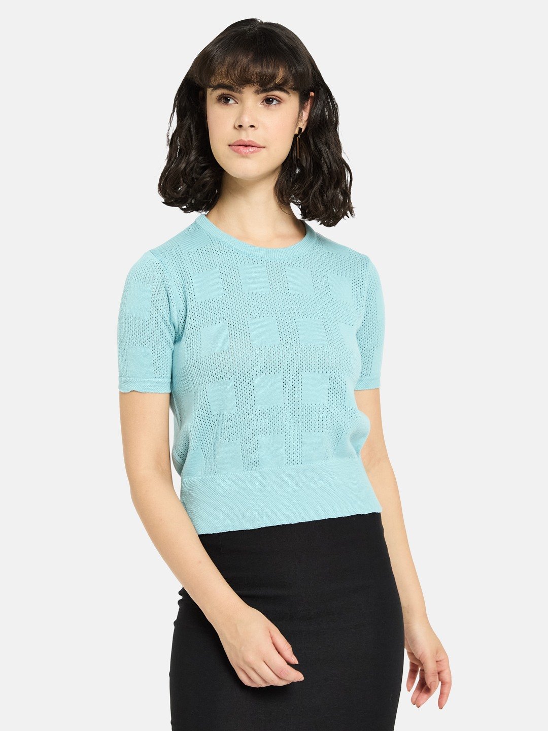 METTLE Women Checked Round Neck Cotton T-shirt