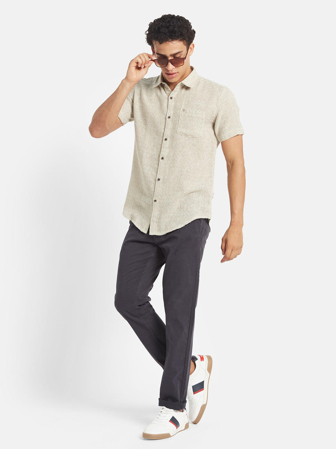 METTLE Textured Short Sleeves Spread Collar Cotton Opaque Regular Fit Casual Shirt