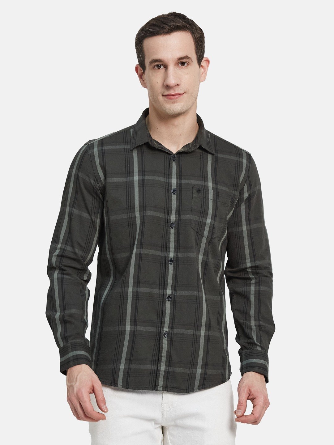 METTLE Men Spread Collar Tartan Checked Cotton Casual Shirt