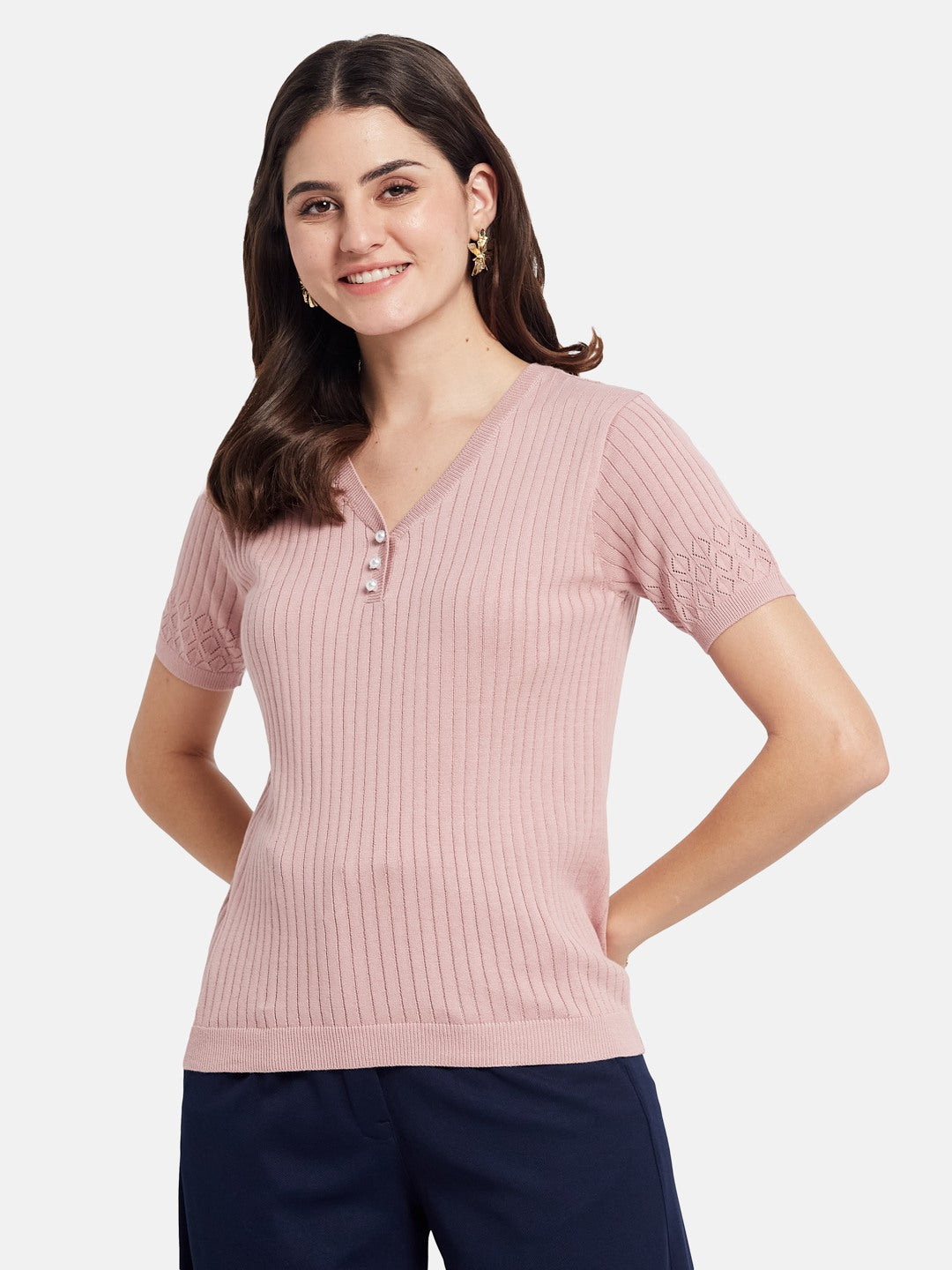 METTLE Self Design Printed V-Neck Cotton T-shirt