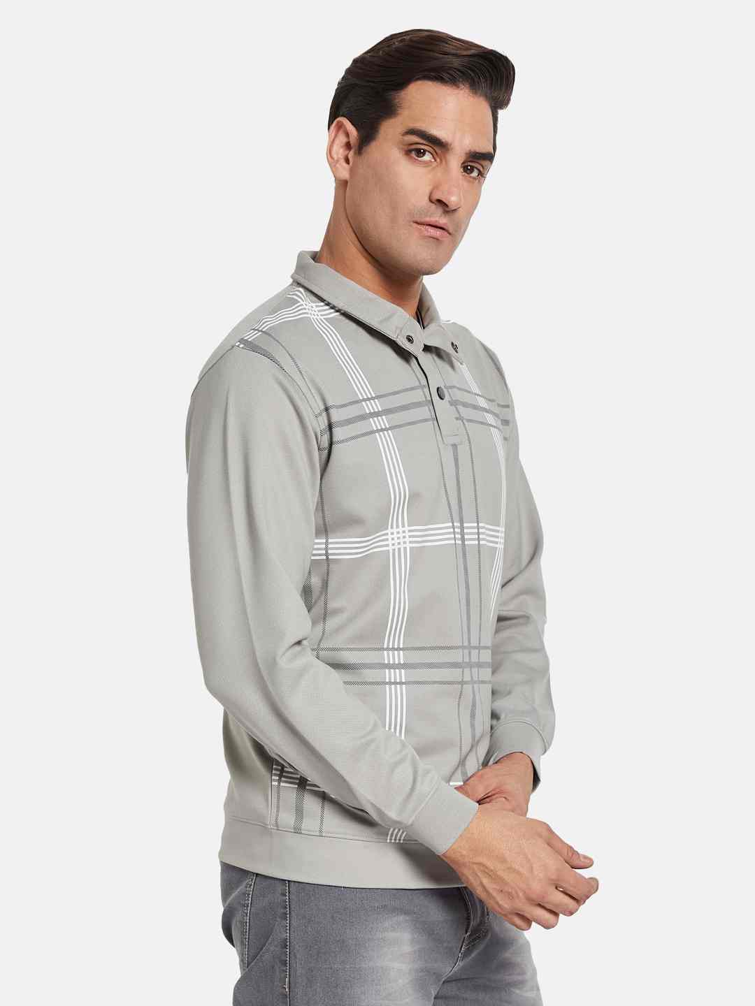 Octave Men Striped Shirt Collar Pullover Sweatshirt