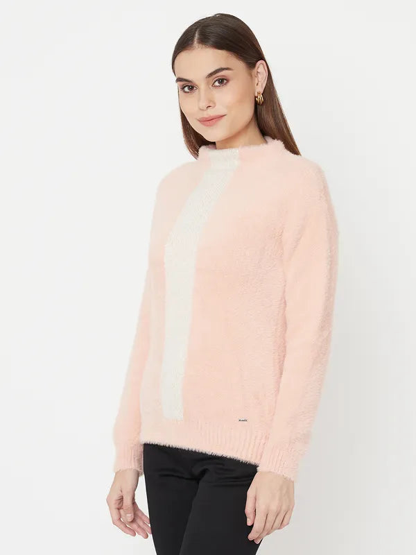 Pink White Colourblocked Fur Full Sleeve Pullover Sweater