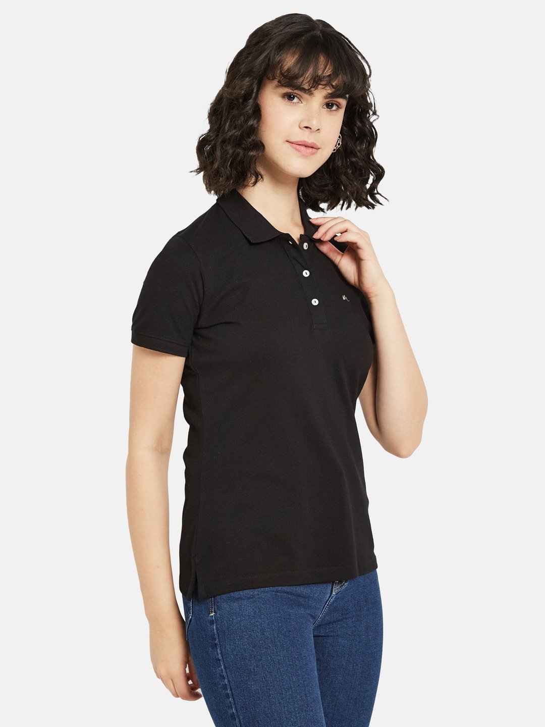 METTLE Women Solid Polo Collar Cotton T-shirt
