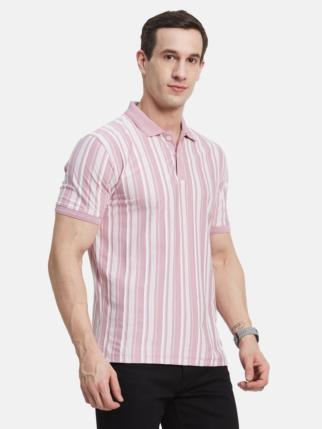 VERTICAL STRIPE POLO NECK T-SHIRT