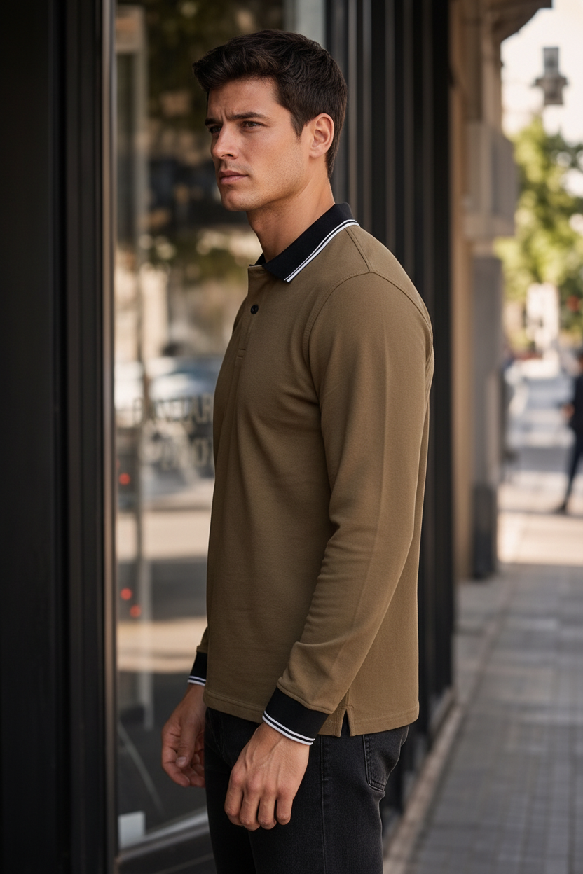 Men’s Tan Full Sleeve Polo T-Shirt | Cotton Blend Lycra Stretch