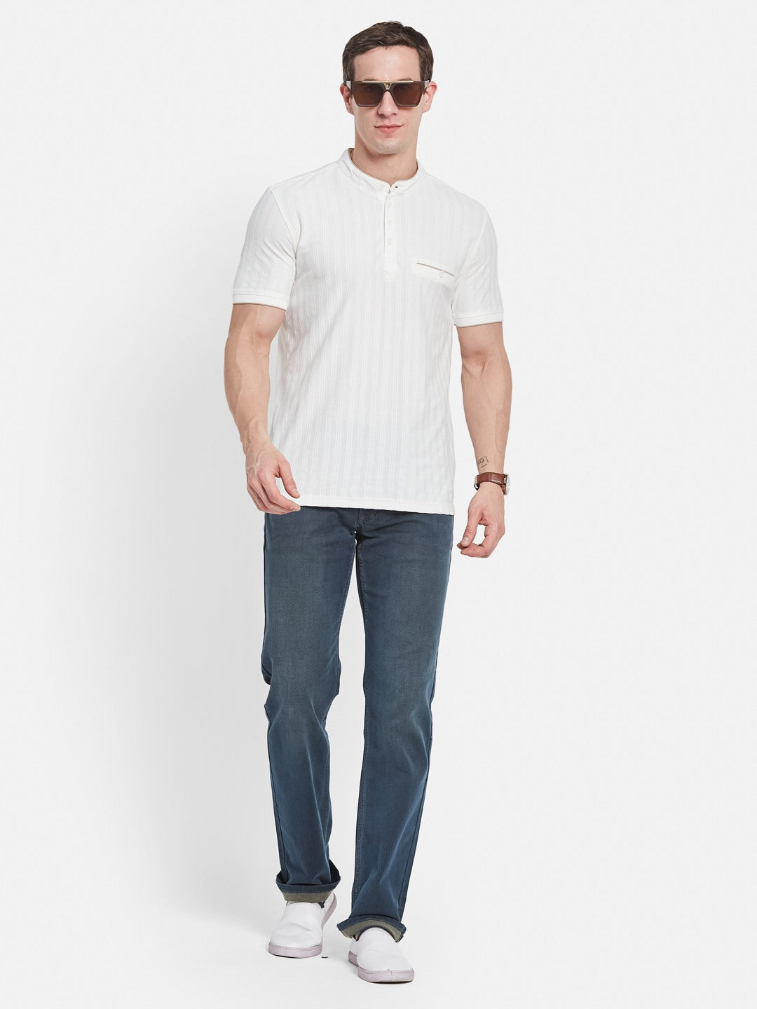 Octave Men Striped Mandarin Collar Monochrome T-shirt