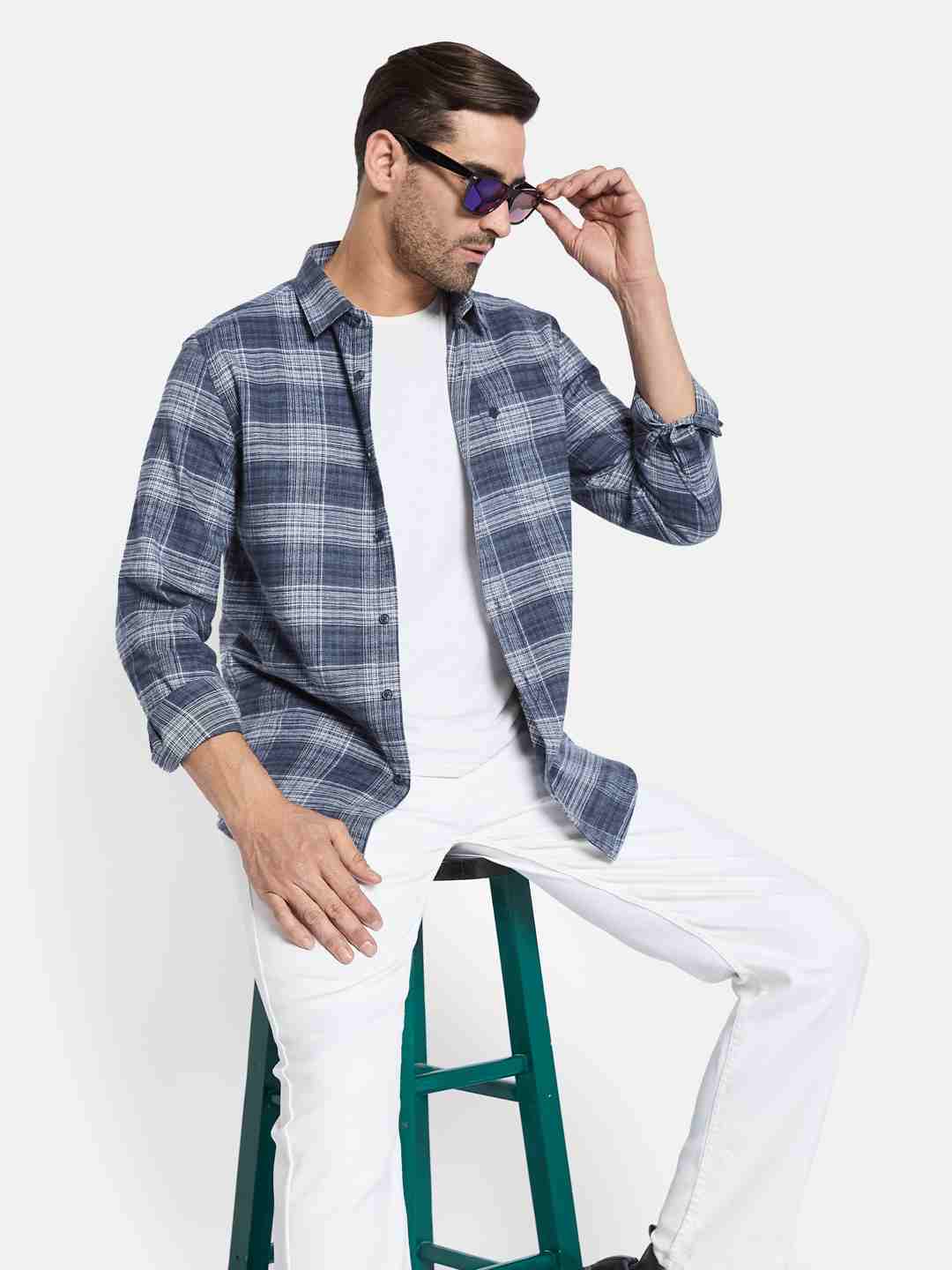 METTLE Men Spread Collar Checked Cotton Casual Shirt