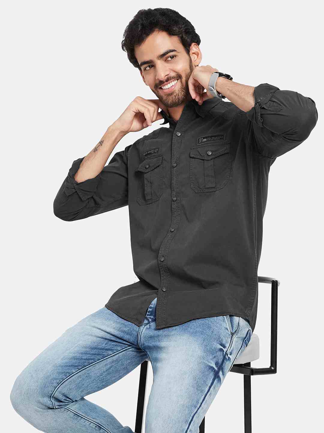Mettle Spread Collar Long Sleeves Casual Cotton Shirt