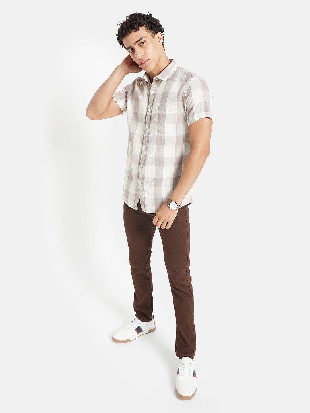 METTLE Men Checked Spread Collar Cotton Casual Shirt