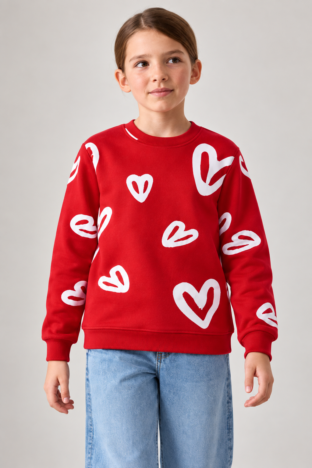 Junior Girls Brick Heart Print Brushed Cotton Fleece Sweatshirt – Regular Fit