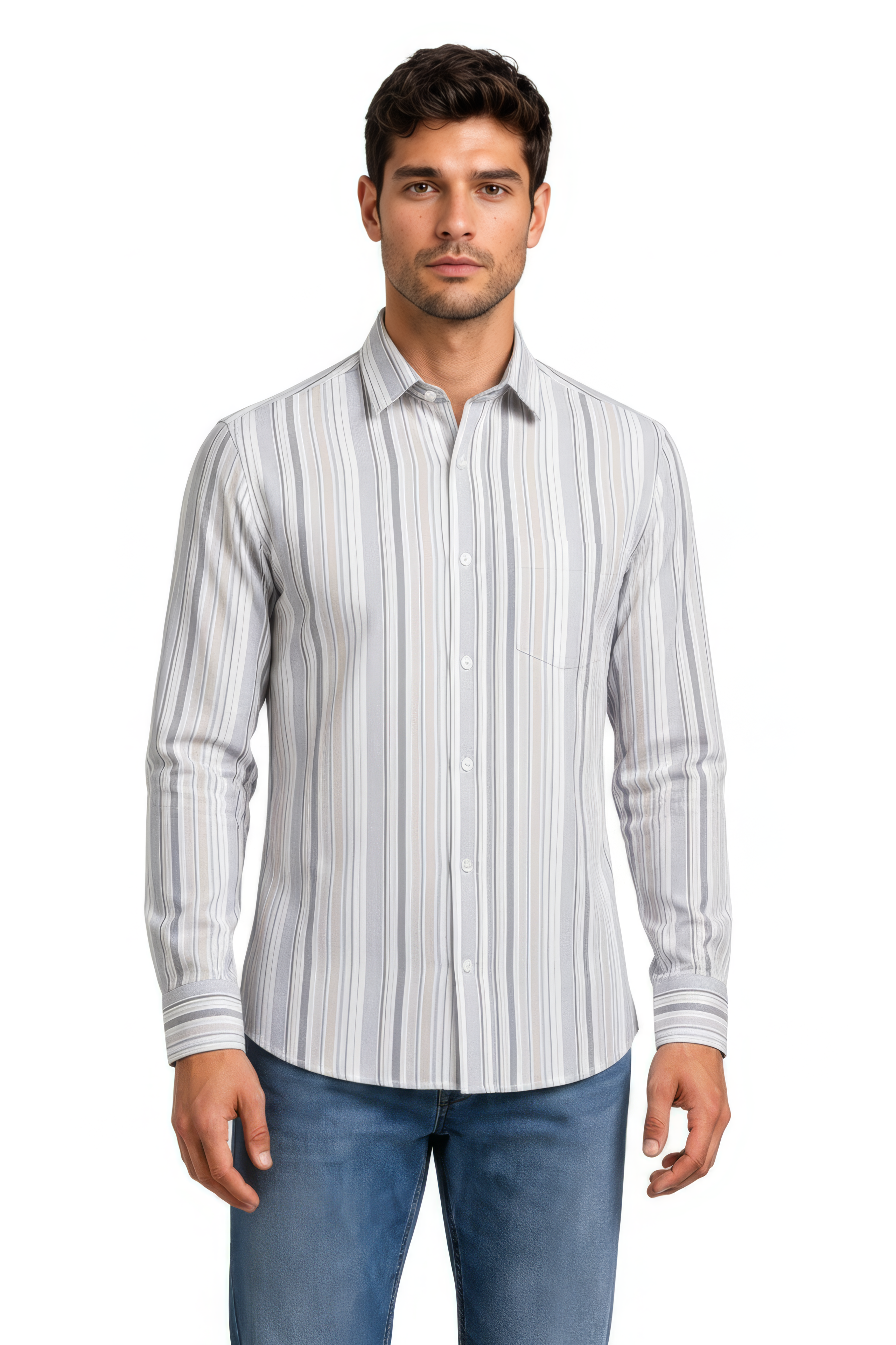 Men’s Grey Full Sleeve Vertical Striped Oxford Shirt