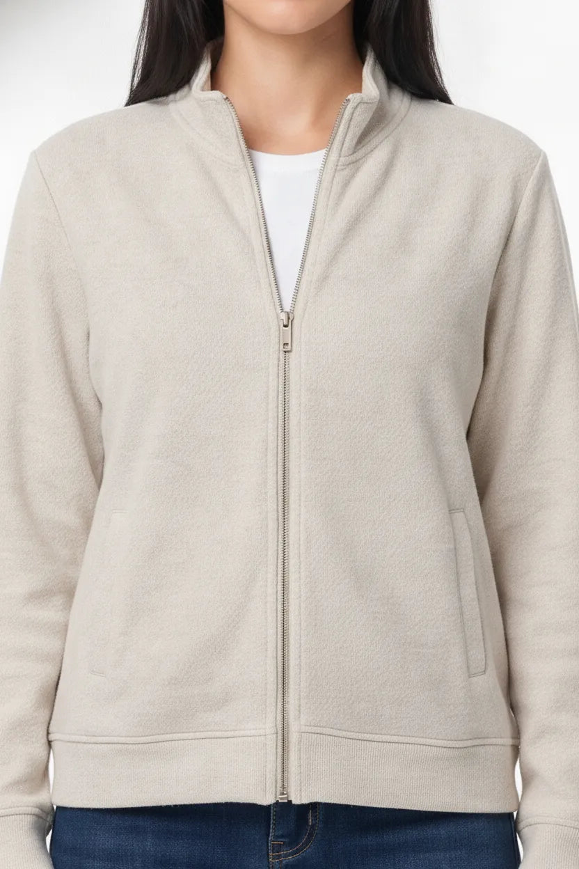 Textured Cotton Blend Full-Zip Sweatshirt - Vanilla (Co-ord Set Upper)