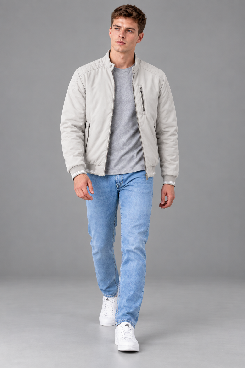 Men’s Regular Fit Woven Full-Zip Jacket with Stand Collar & Zip Pockets – Beige