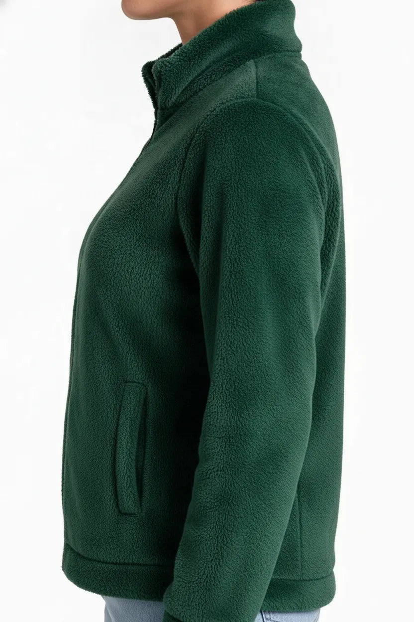 Women Hunter Green Double Sided Coral Fur Full Zip | Soft Winter Sweatshirt