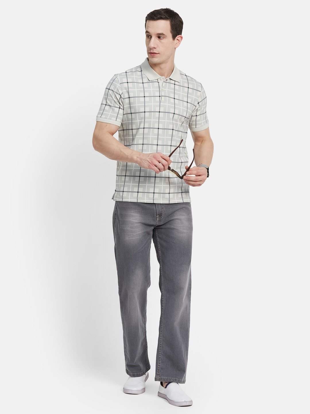 AOP CHECK PRINT POLO NECK SINGLE JERSEY KNITLYCRA T-SHIRT
