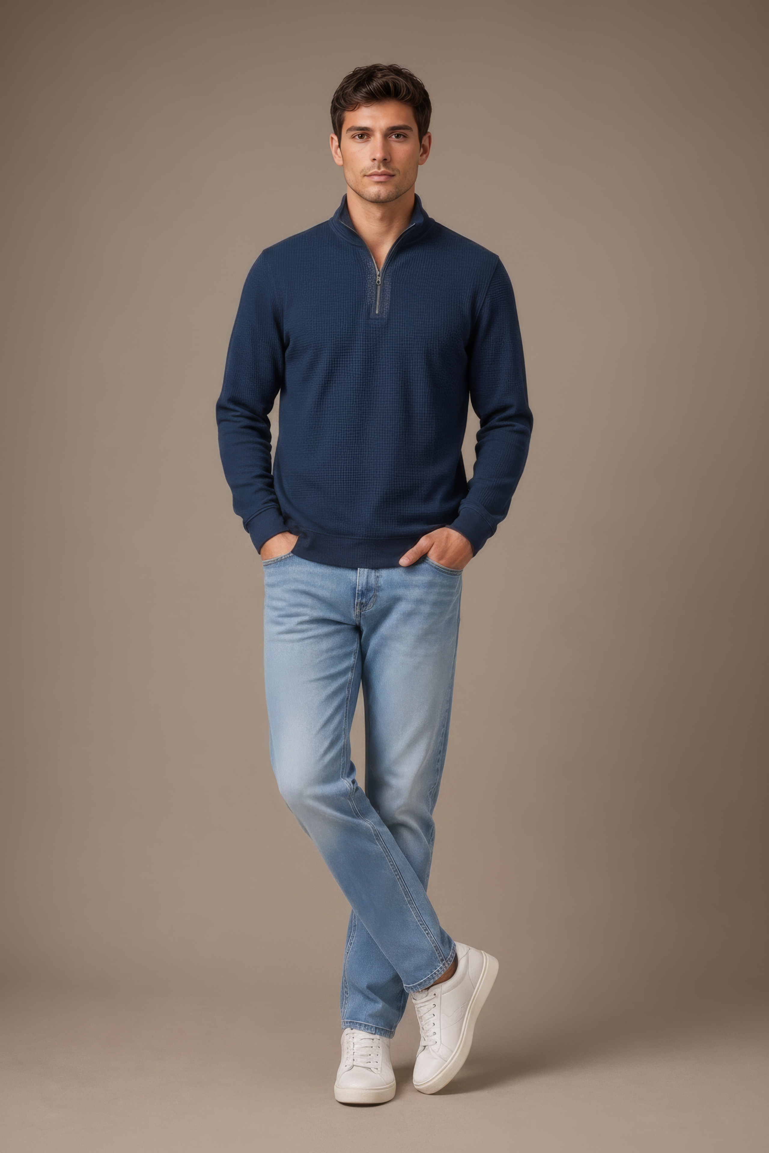 Men’s Dark Navy Standing Collar Half Zipper Sweatshirt - Brushed Seer Sucker Fabric