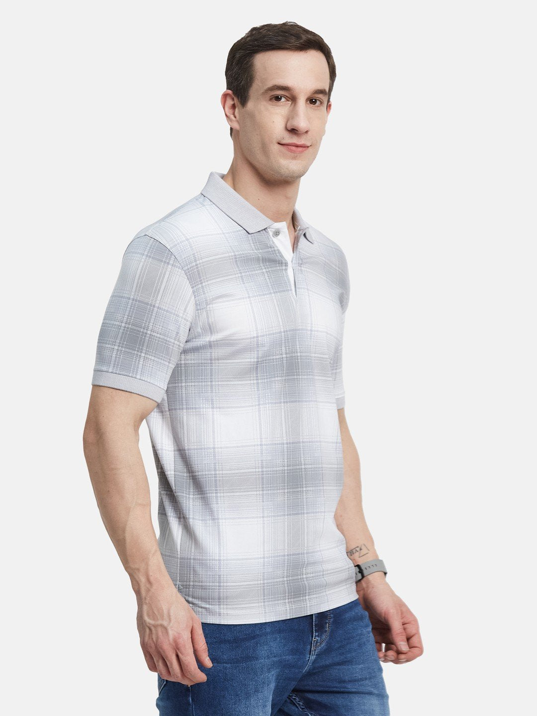 AOP CHECK PRINT POLO NECK SINGLE JERSEY KNIT T-SHIRT