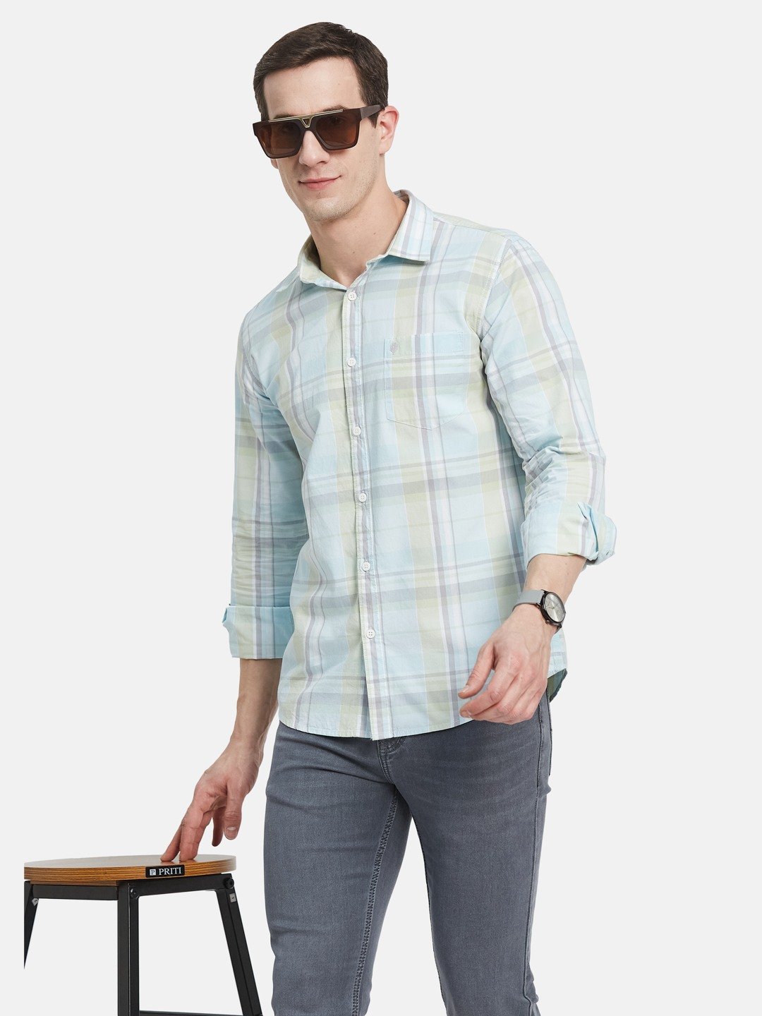 METTLE Men Spread Collar Tartan Checked Cotton Casual Shirt
