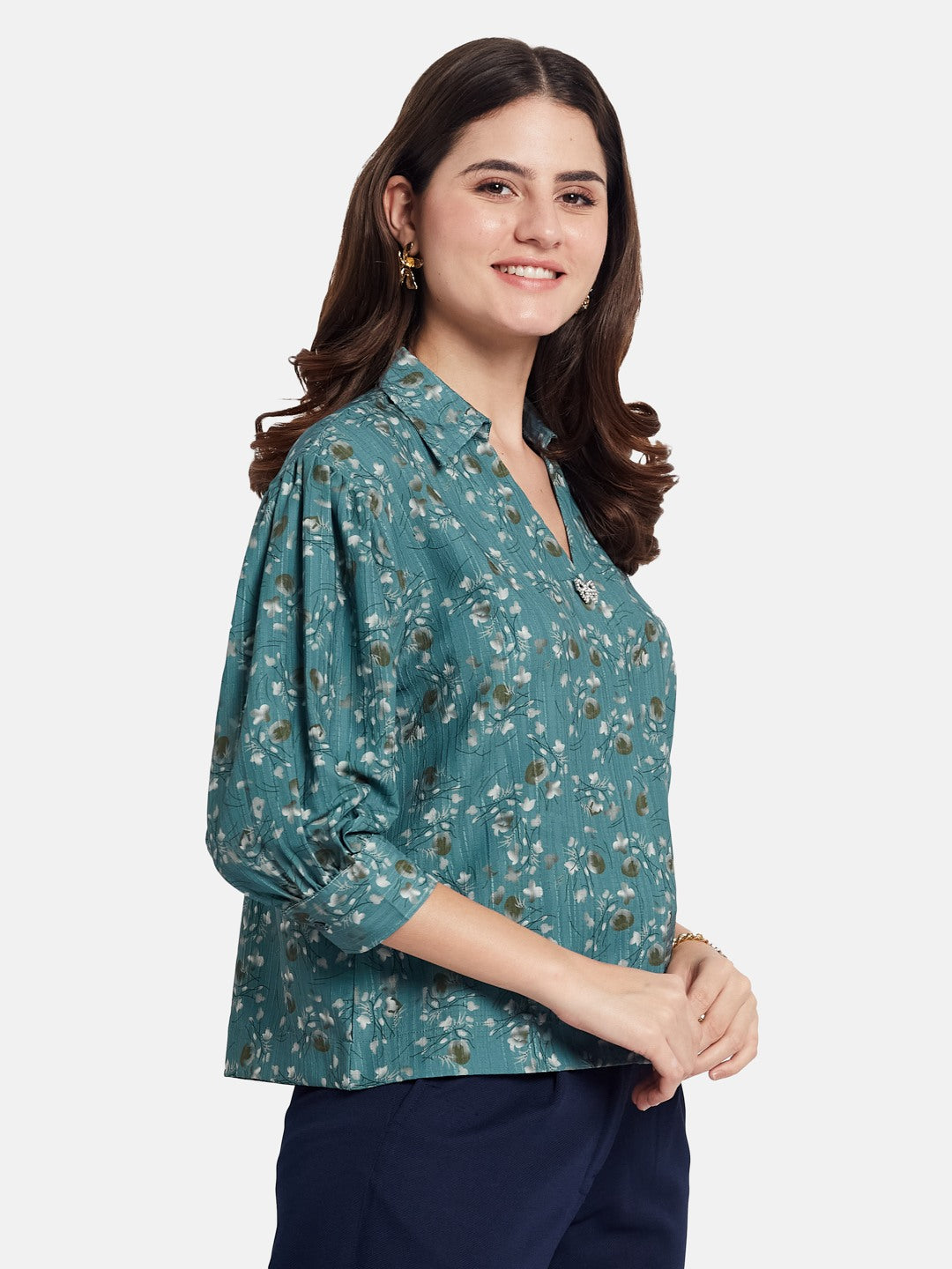 METTLE Women Floral Printed Shirt Collar Cotton Top