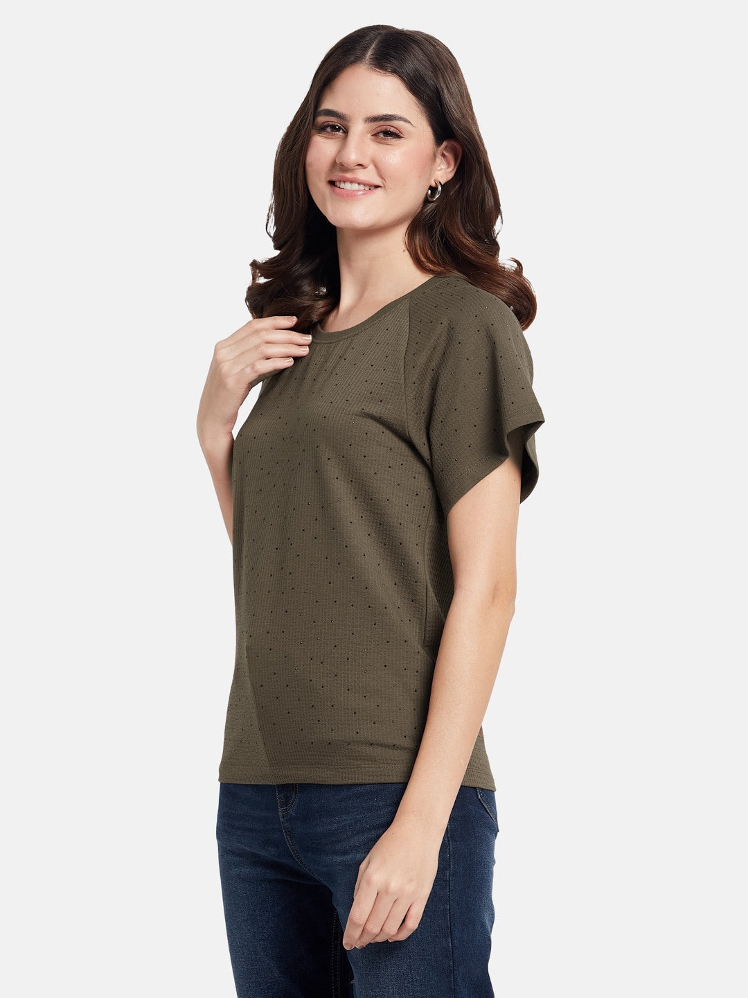 METTLE Cut Outs Round Neck Casual T-shirt