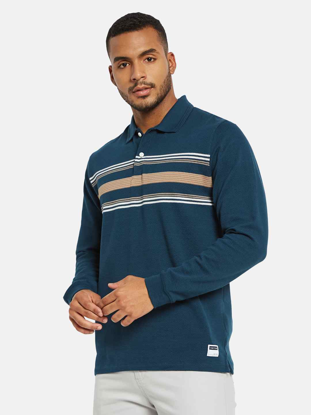 METTLE Men Colourblocked Polo Collar Applique T-shirt