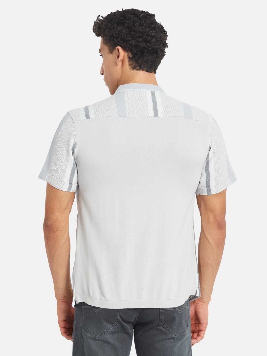 METTLE Men Striped Mandarin Collar Cotton T-shirt