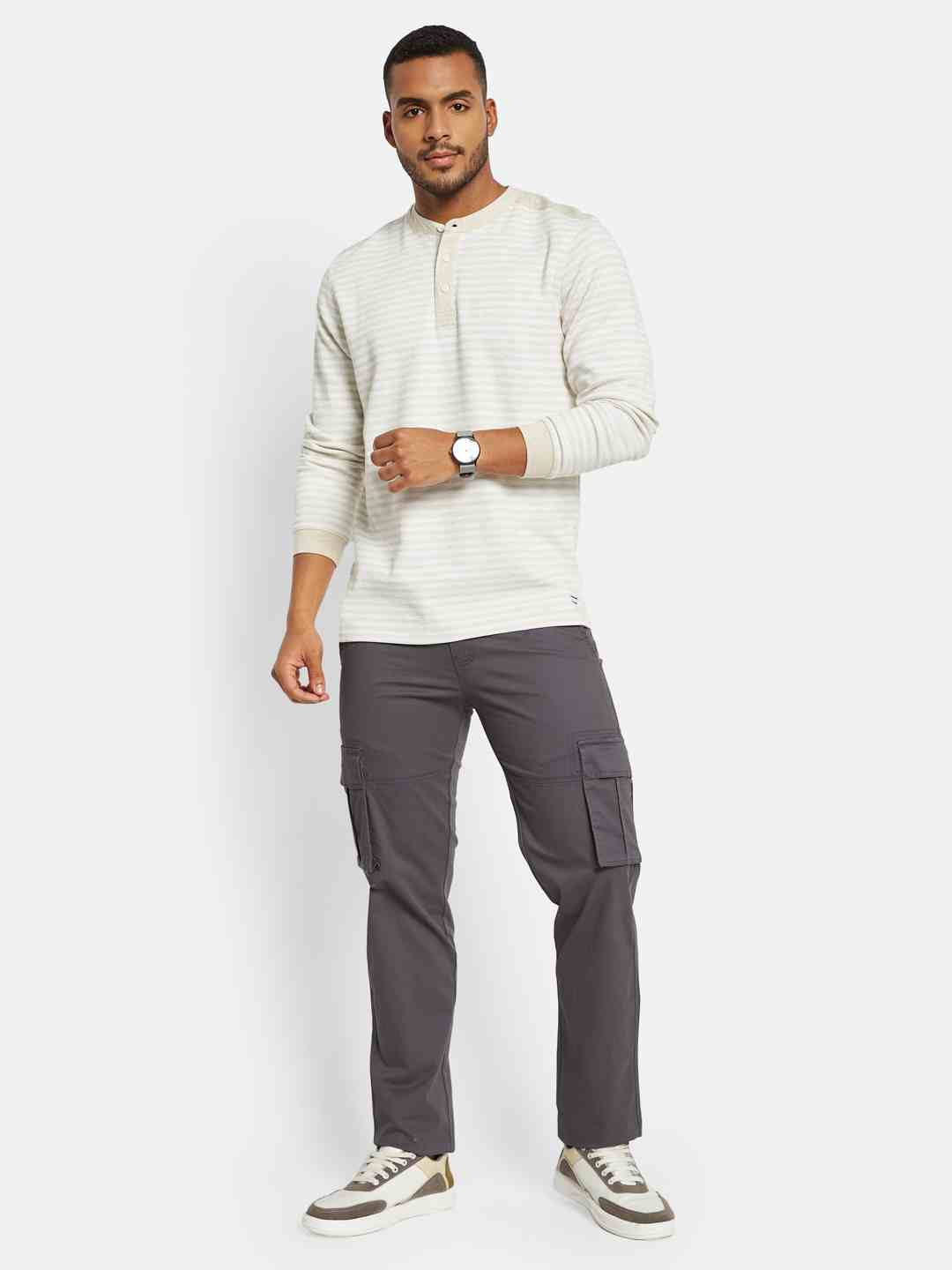 METTLE Men Striped Mandarin Collar Pockets T-shirt