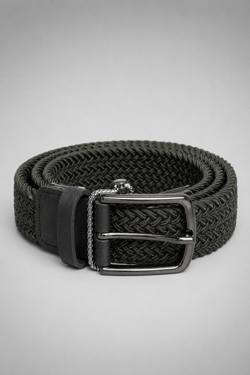 Men's Dark Olive Braided Stretch Belt with Gunmetal Buckle