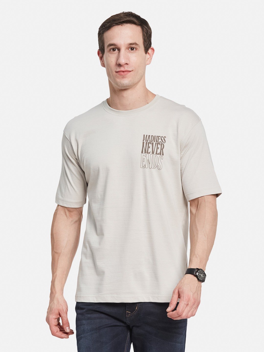 VERTICAL DENTED STRIPE ROUND NECK  LYCRA T-SHIRT