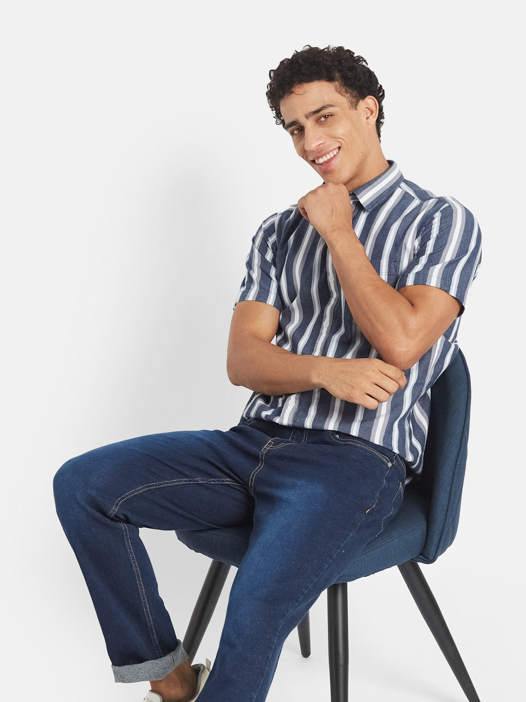 METTLE Men Vertical Striped Spread Collar Cotton Casual Shirt