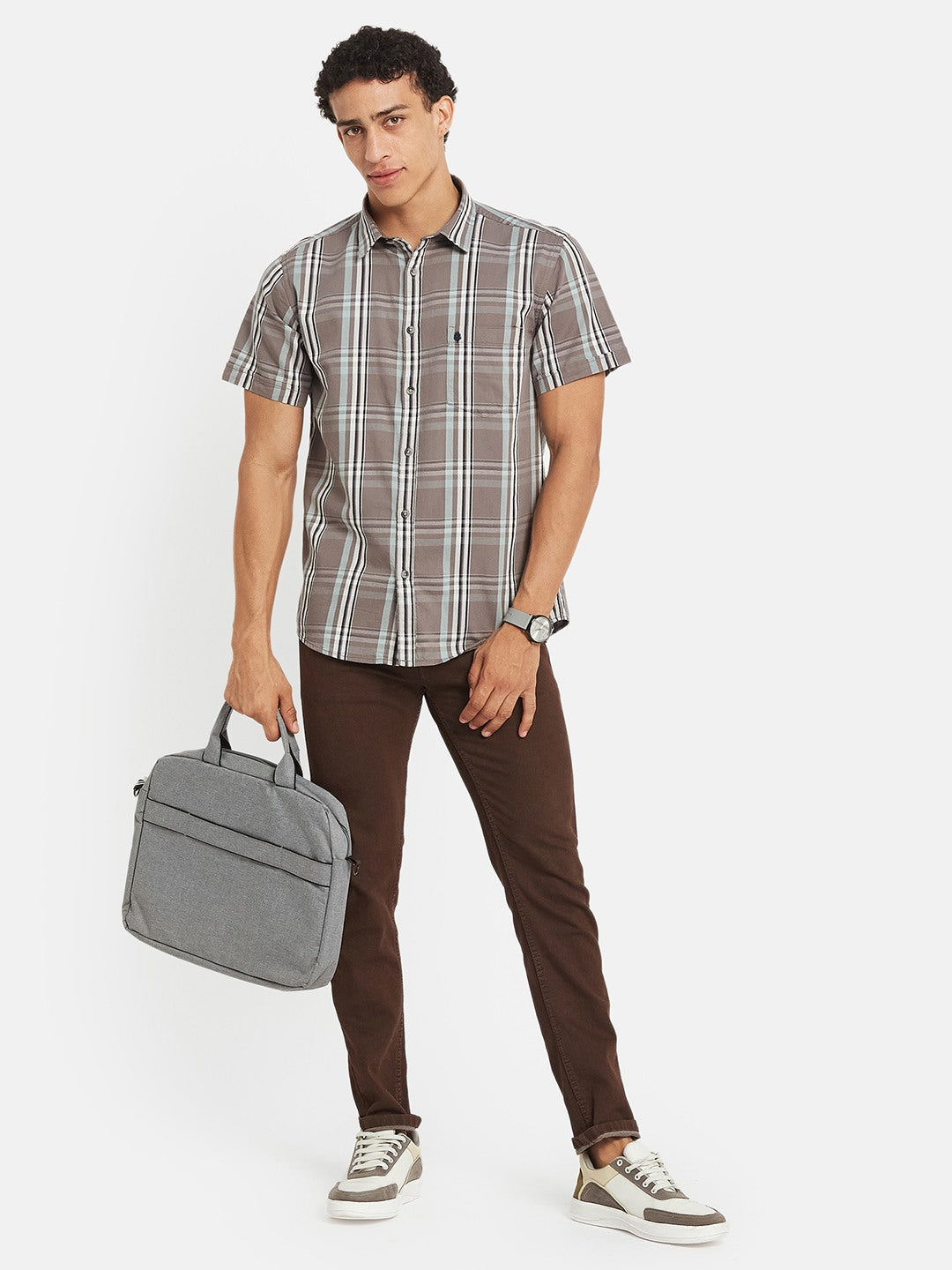 METTLE Men Tartan Checked Spread Collar Cotton Casual Shirt