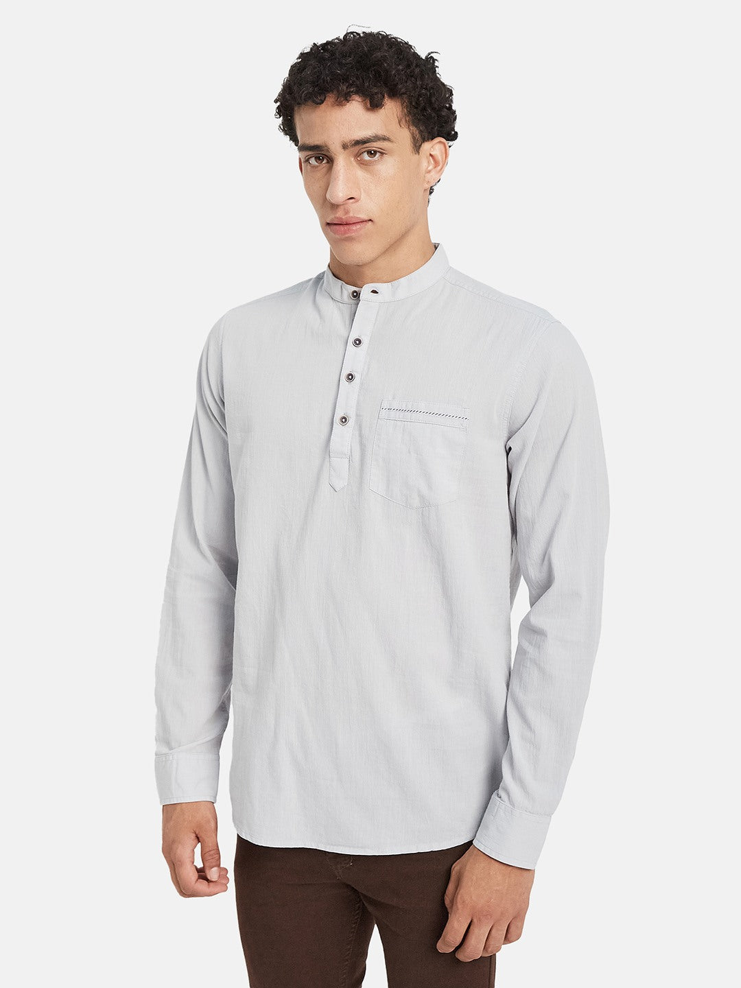 METTLE Long Sleeves Mandarin Collar Cotton Opaque Regular Fit Casual Shirt