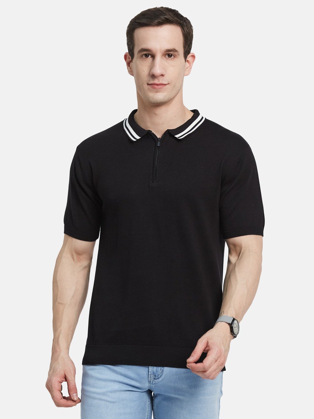 METTLE Men Solid Polo Collar Cotton T-shirt