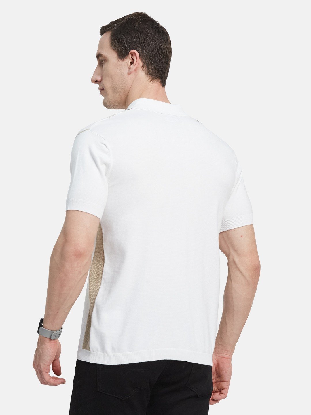 METTLE Men Striped Polo Collar Cotton T-shirt