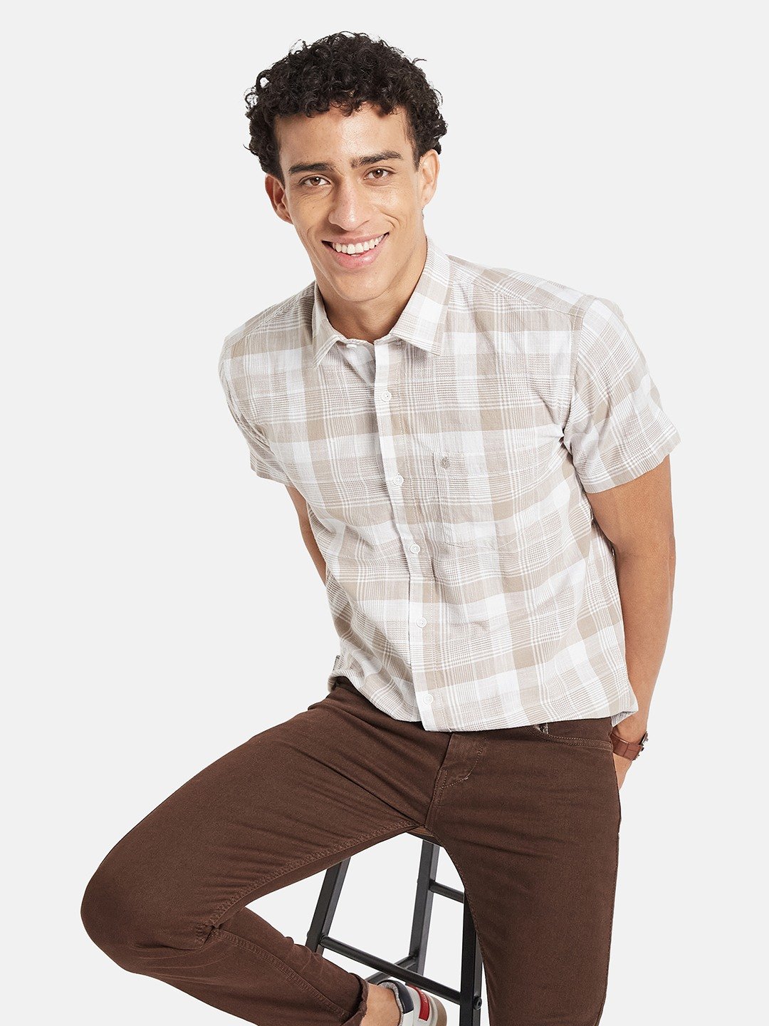 METTLE Men Tartan Checked Spread Collar Cotton Casual Shirt