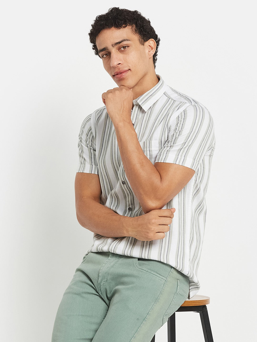 METTLE SS25 Striped Cotton Spread Collar Casual Shirt