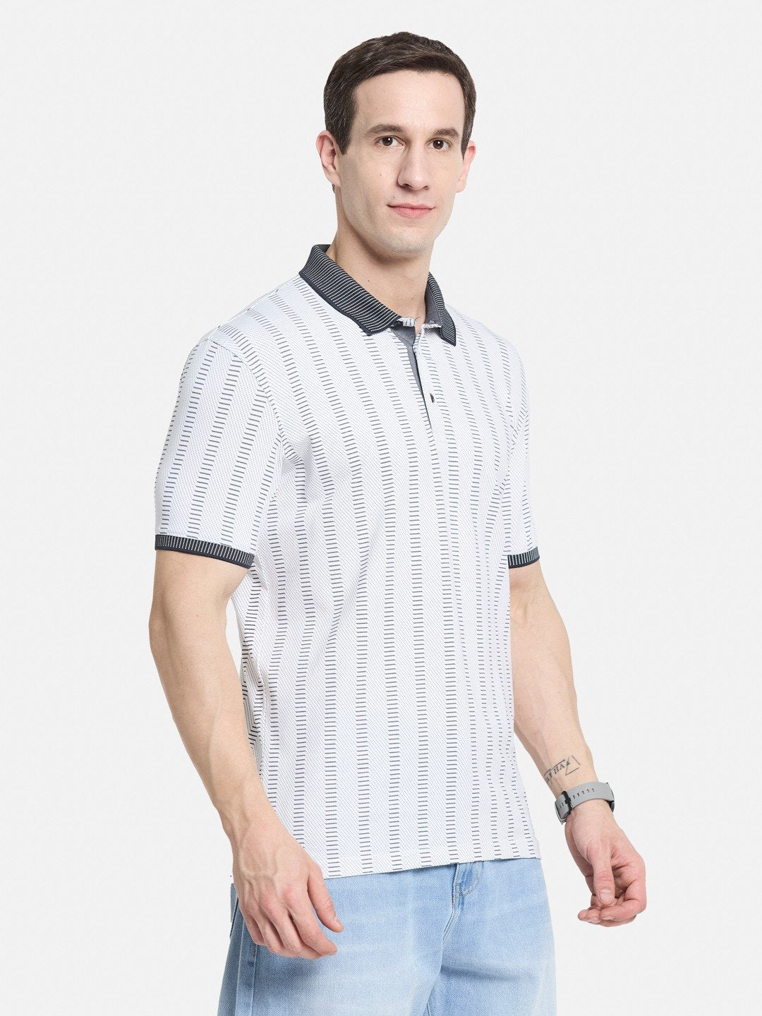 AOP MOTIF PRINT POLO NECK SINGLE JERSEY KNIT T-SHIRT