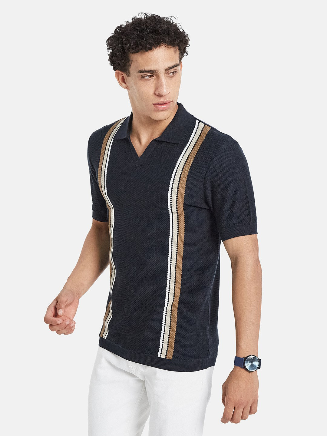 METTLE Men Striped Polo Collar Cotton T-shirt