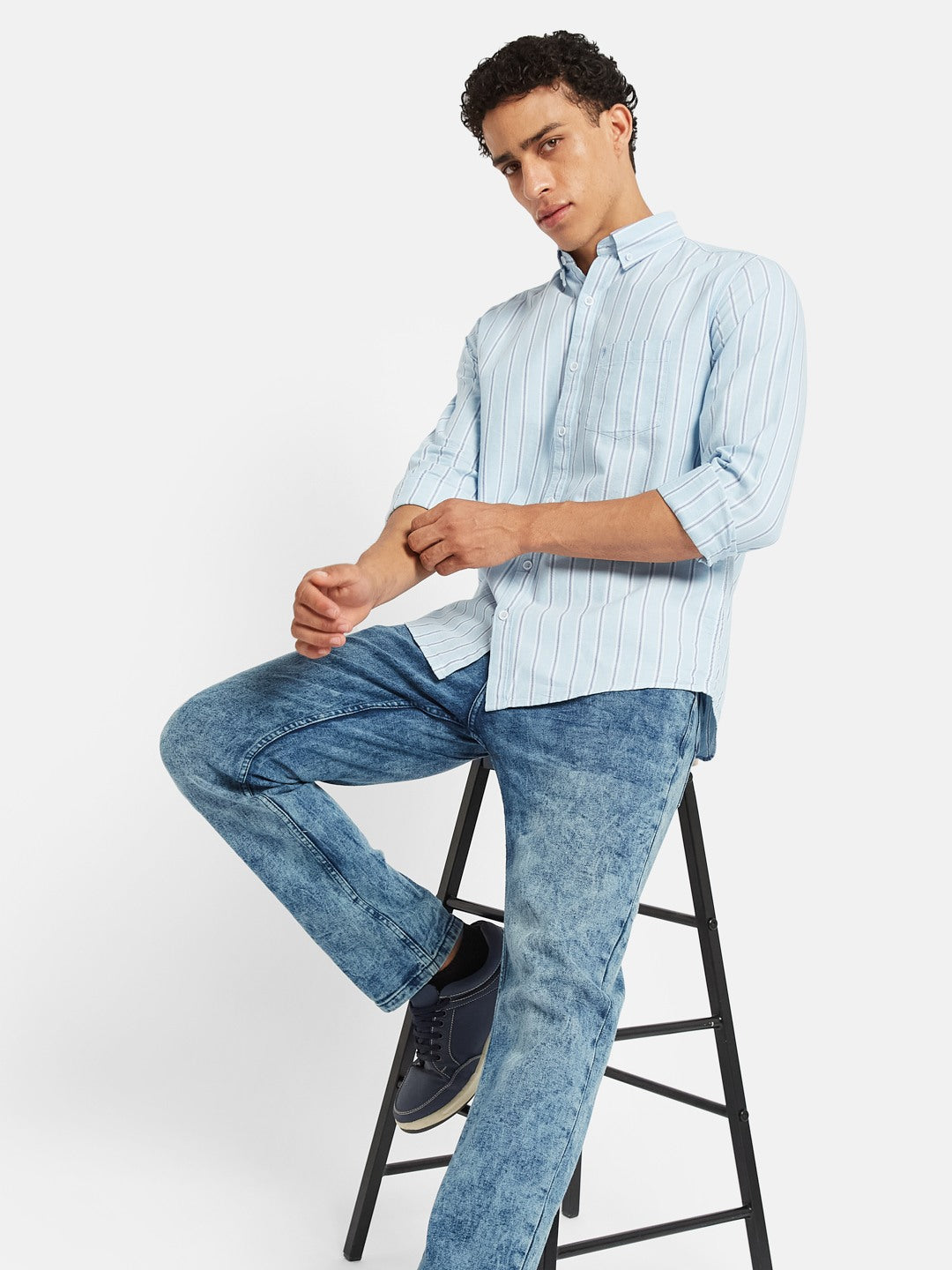 METTLE Striped Long Sleeves Spread Collar Cotton Opaque Regular Fit Casual Shirt