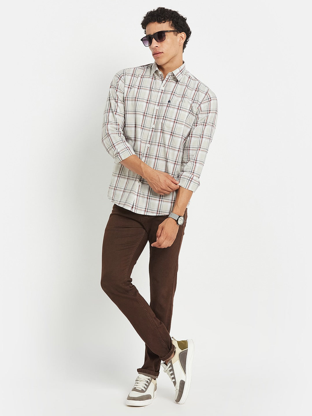 METTLE SS25 Checked Cotton Spread Collar Casual Shirt