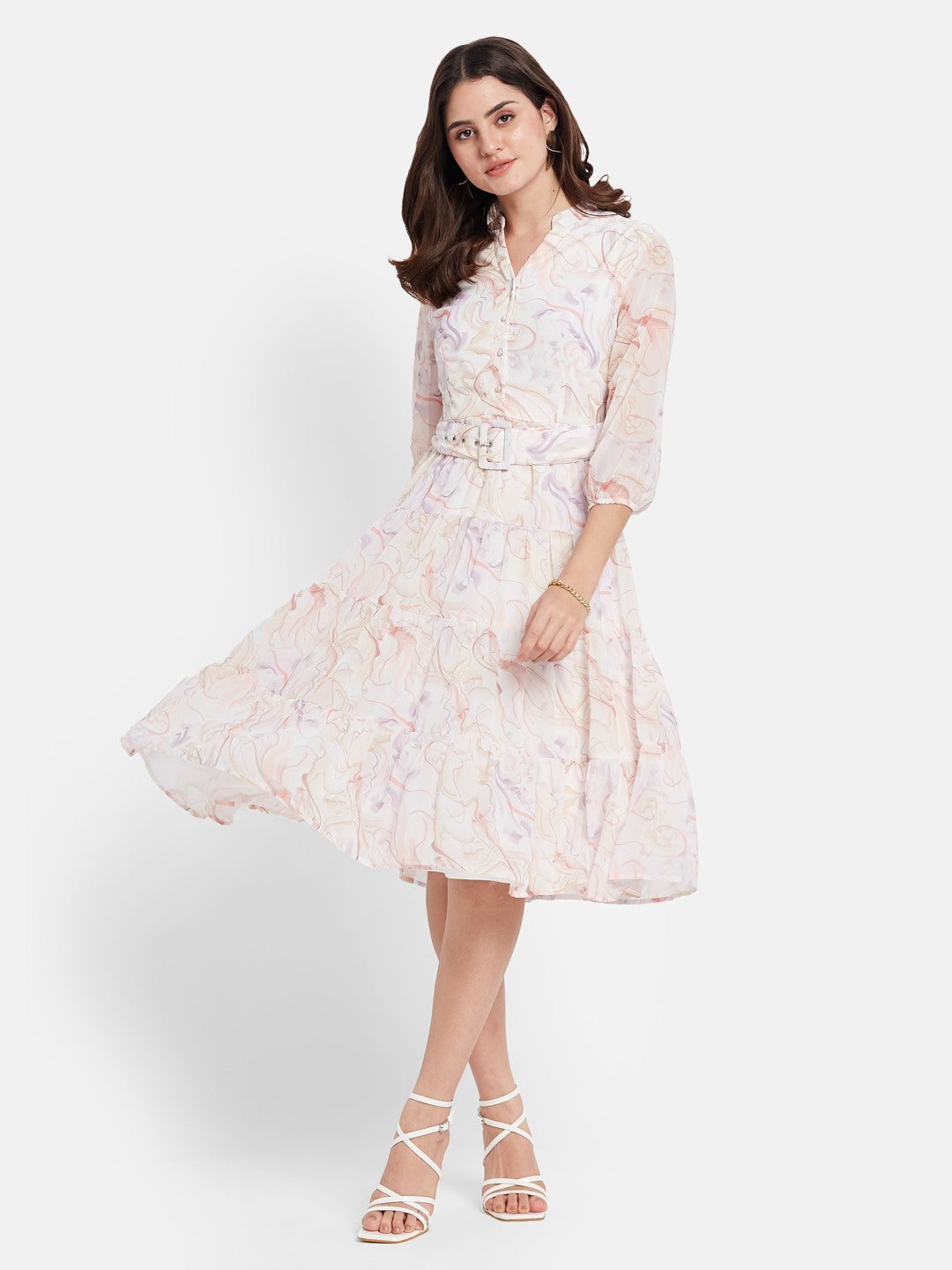 METTLE Printed Mandarin Collar Tiered Fit & Flare Dress