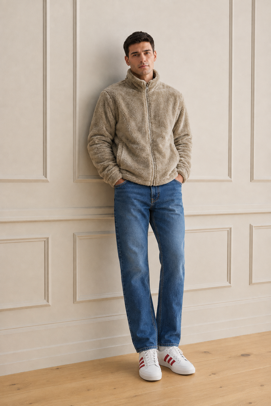 Men’s Sand Fur Full-Zip Winter Sweatshirt | Stand Collar