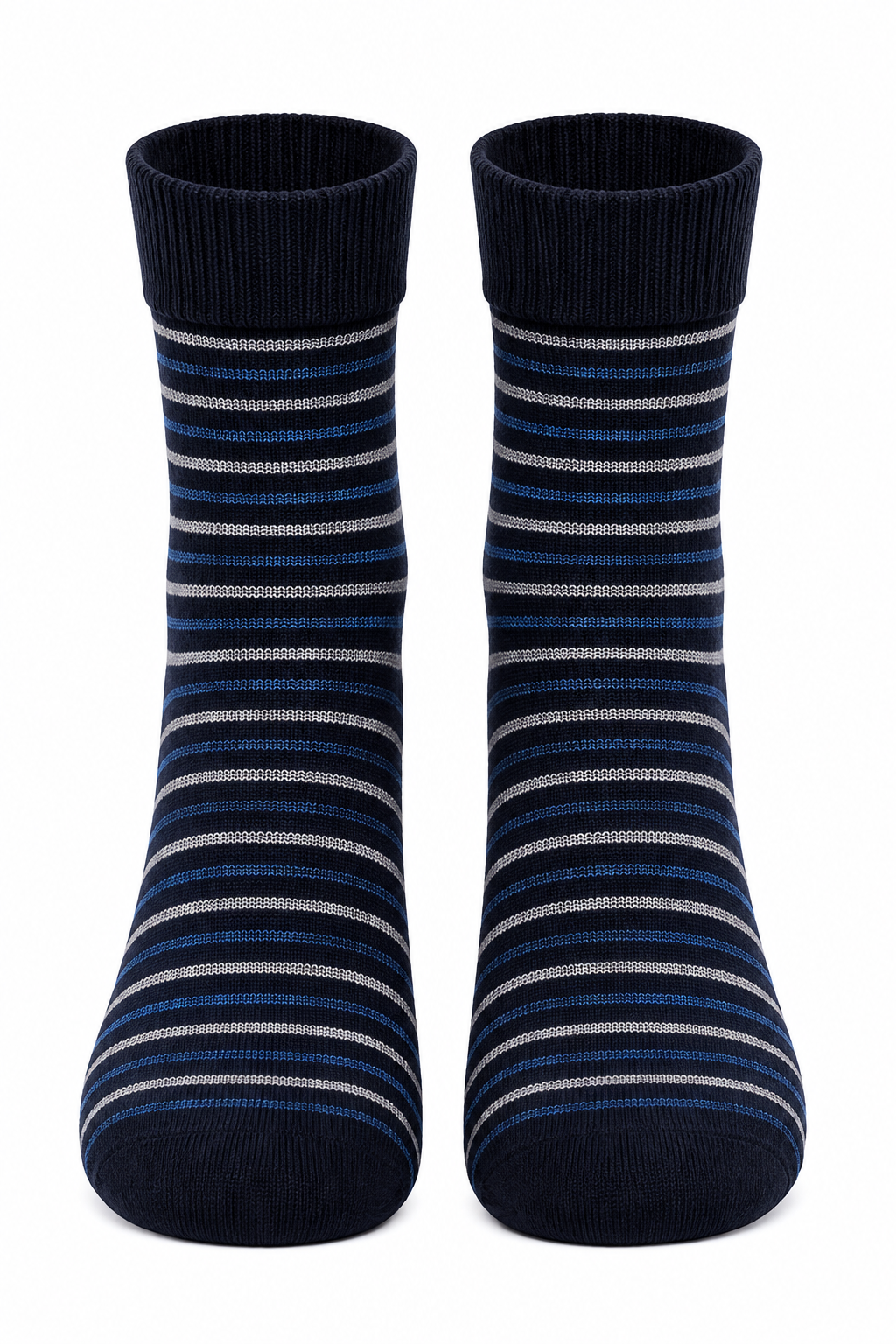 Men's Crew Length – Navy Blue & Grey Fine Stripe Pattern Socks