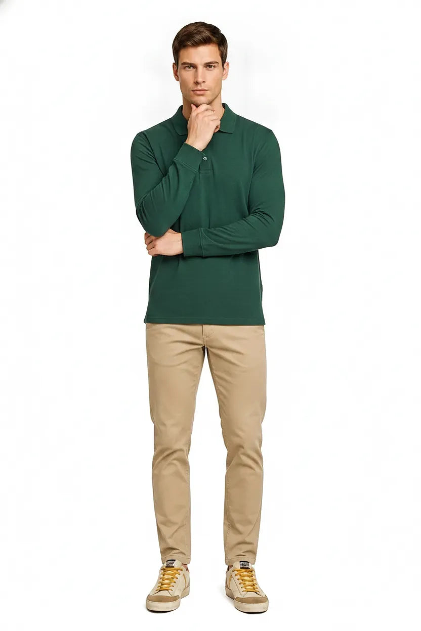 Men's Hunter Green Full Sleeve Cotton Pique Polo T-Shirt | Premium Pre-Winter Casual Polo