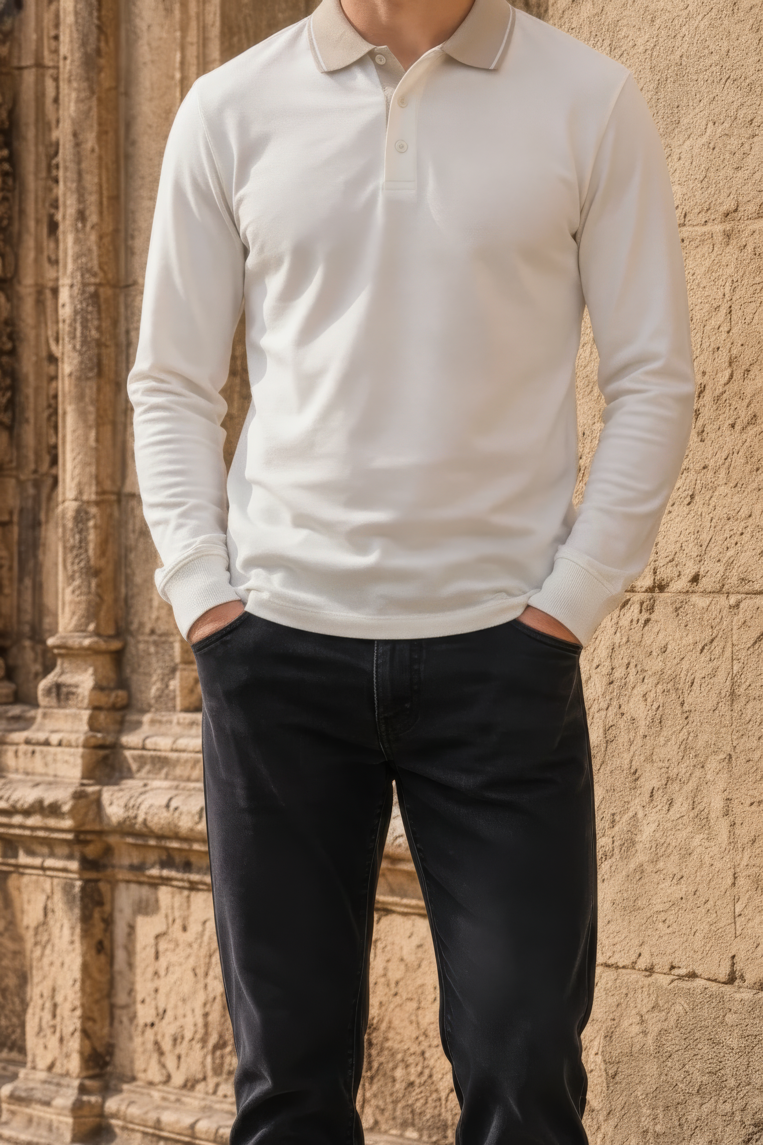 Men’s OFF WHITE Full Sleeve Polo T-Shirt – Cotton Blend Lycra Stretch | Contrast Collar