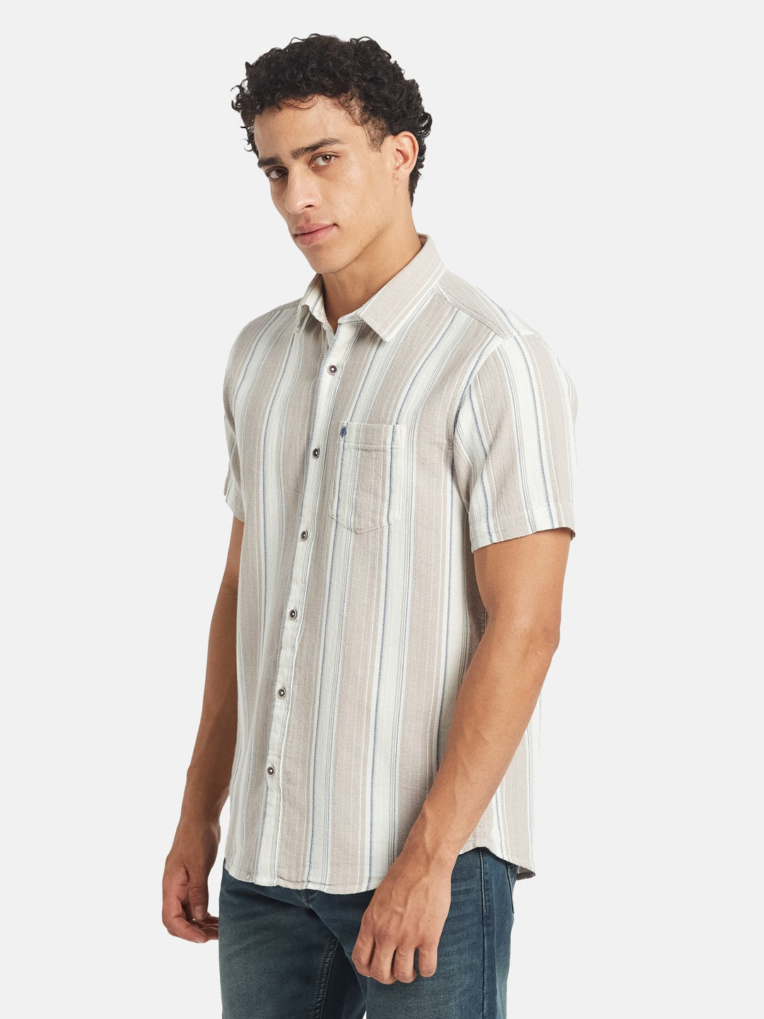 METTLE Striped Short Sleeves Spread Collar Cotton Opaque Regular Fit Casual Shirt