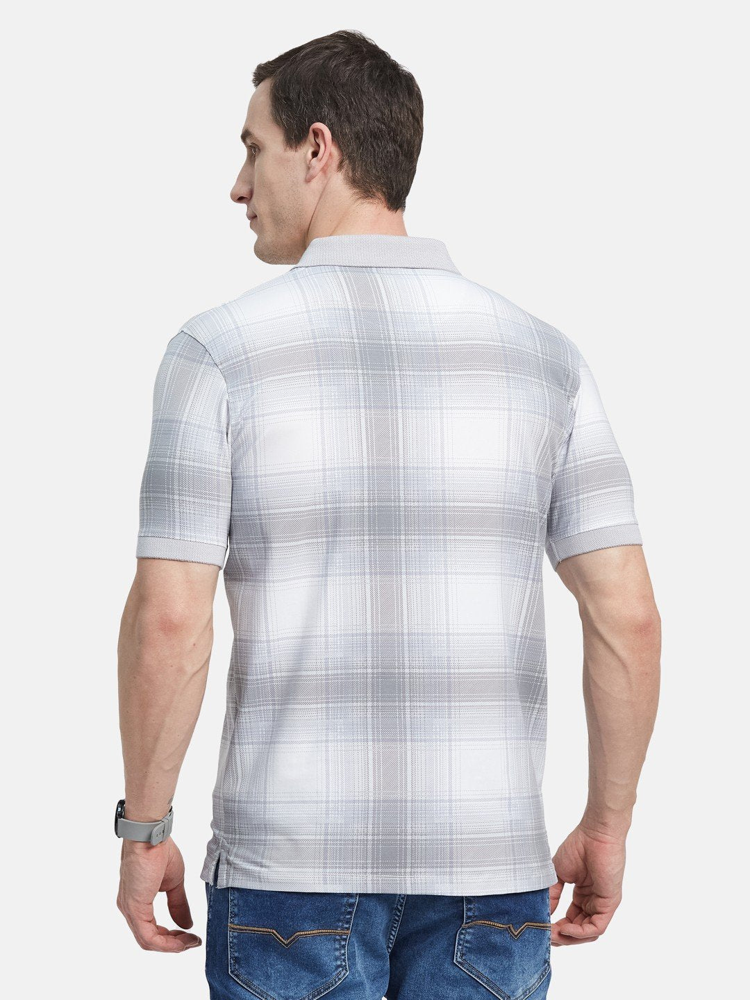 AOP CHECK PRINT POLO NECK SINGLE JERSEY KNIT T-SHIRT