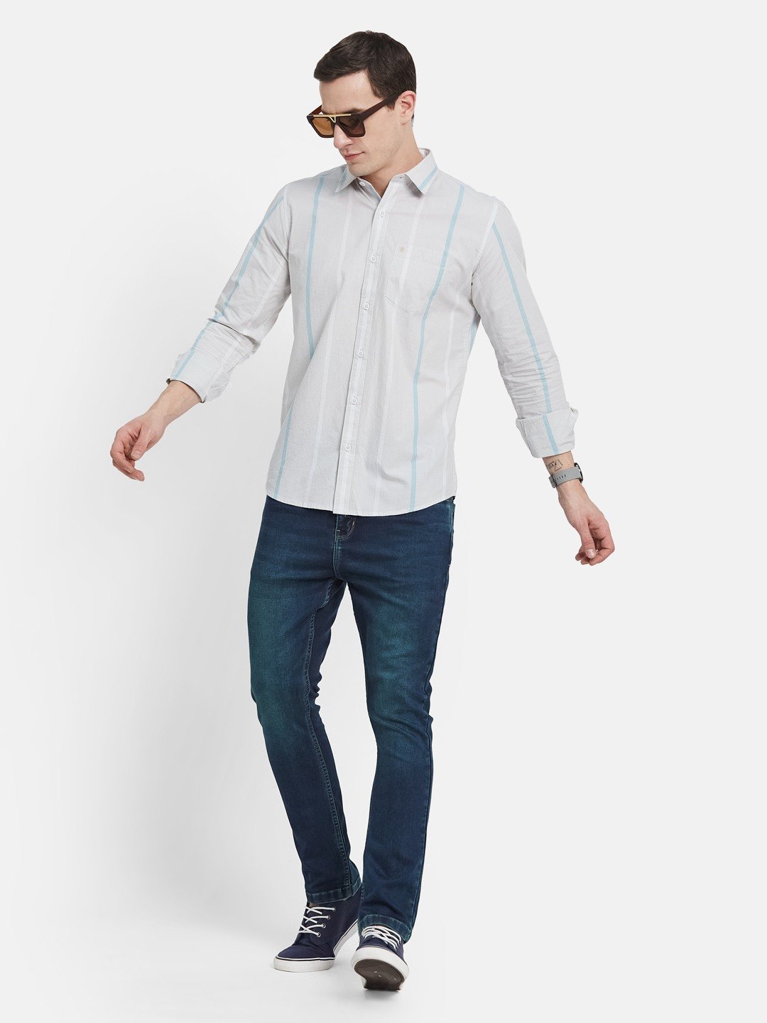 METTLE Men Spread Collar Vertical Striped Cotton Casual Shirt