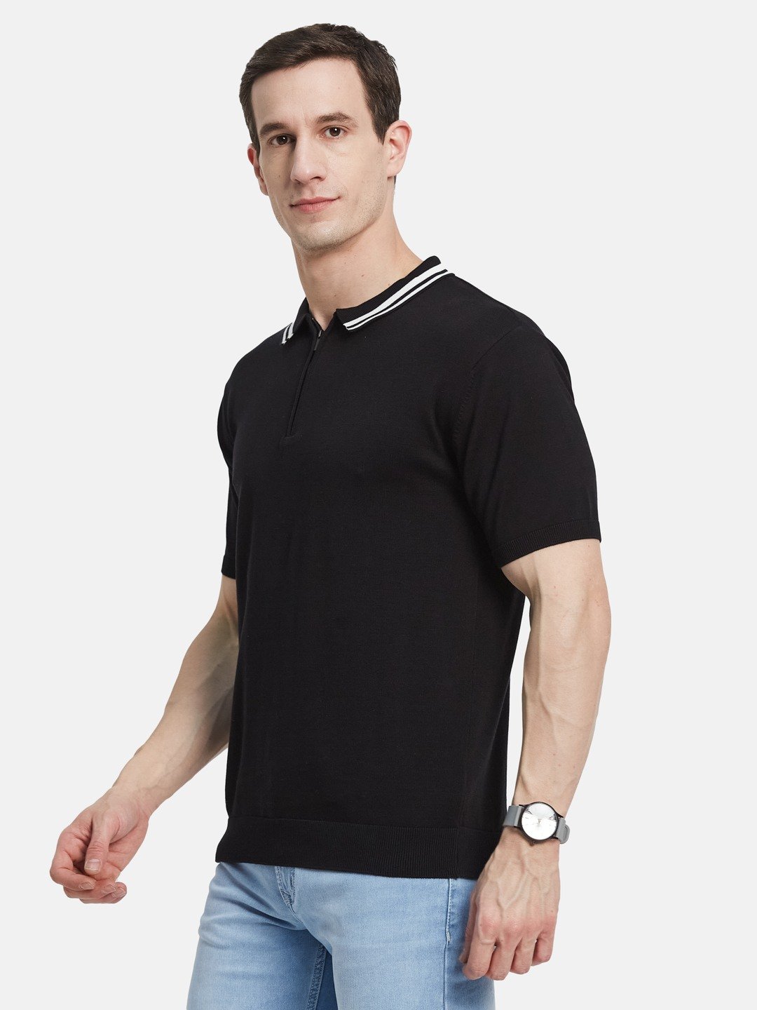 METTLE Men Solid Polo Collar Cotton T-shirt